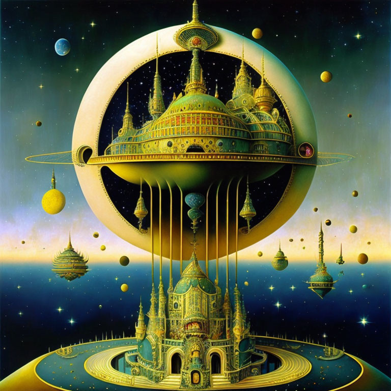 Intricate Golden Celestial Cities Among Stars