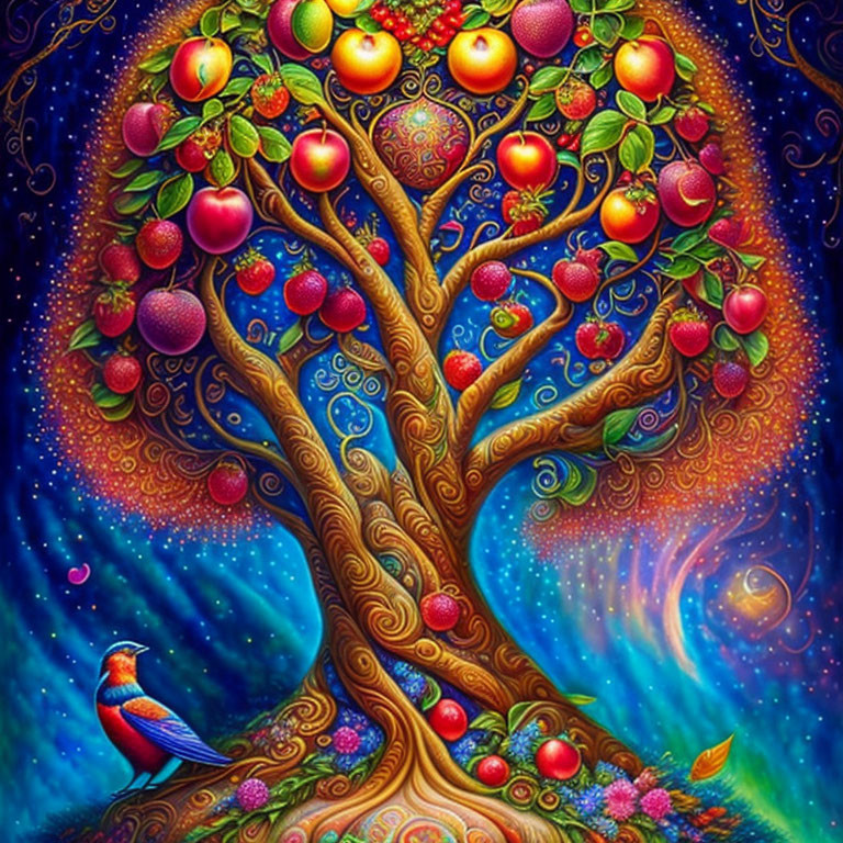 Colorful Tree Painting with Luminous Apples and Blue Bird