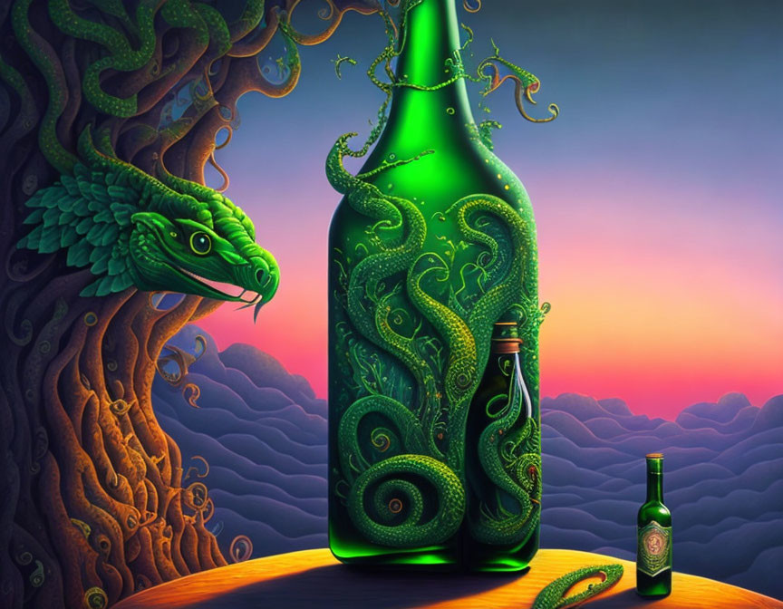 Colorful Dragon Emerging from Green Bottle in Sunset Sky