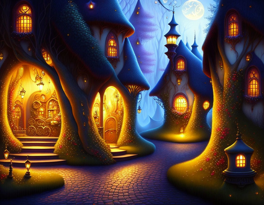 Whimsical glowing treehouses in moonlit evening scene