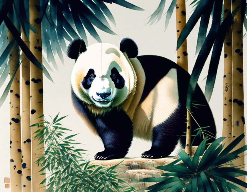 Illustrated panda in bamboo with traditional Asian backdrop