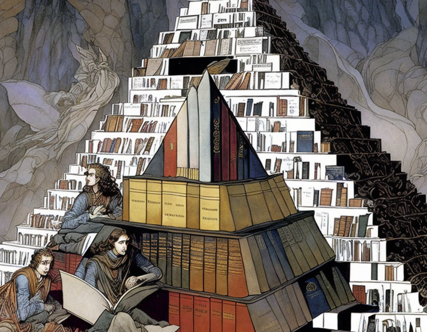 Illustration of people reading by book pyramid with dragon in background