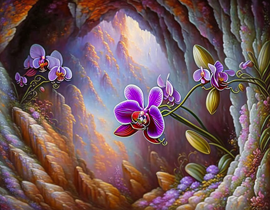 Mystical orchid passage with purple flowers and magical glow