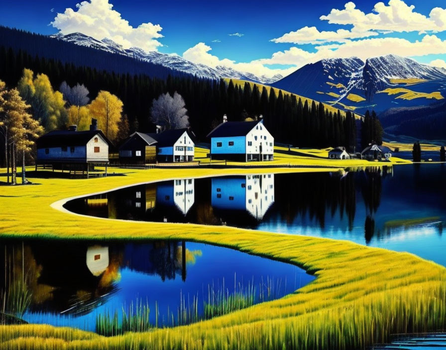 Picturesque Lake View with Houses, Meadows, and Snow-Capped Mountains