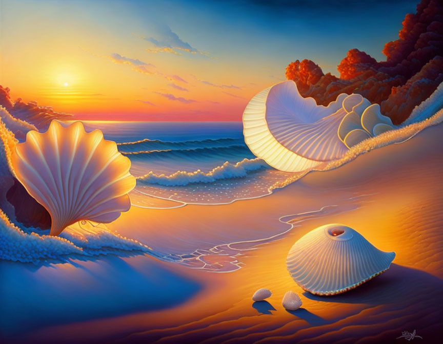 Colorful Sunset Beach Painting with Oversized Seashells