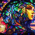 Colorful Stained Glass Artwork of Woman and Sunset