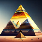 Surrealist pyramid montage of desert, fields, peaks, and sky with birds