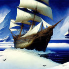 Majestic sailing ships in icy waters with glaciers and icebergs
