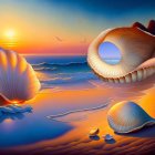 Colorful Sunset Beach Painting with Oversized Seashells