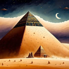 Illustration of Egyptian pyramids at night with starry sky, crescent moon, and sand d