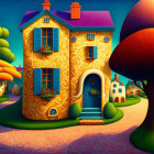 Whimsical illustration of colorful cheese-like house with red roof and flowers among trees at twilight