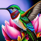 Colorful Hummingbird on Pink Lotus Flower Illustration with Iridescent Feathers