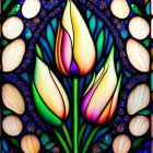 Colorful Stained Glass Window with Blue, Orange, Yellow, and White Panels