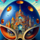 Surreal castle illustration on cosmic sphere with planets and stars