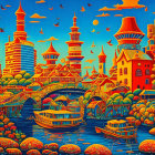 Colorful Cityscape with Whimsical Buildings and Hot Air Balloons