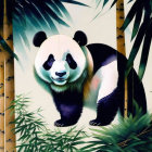 Illustrated panda in bamboo with traditional Asian backdrop
