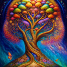 Colorful Tree Painting with Luminous Apples and Blue Bird