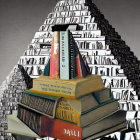 Illustration of people reading by book pyramid with dragon in background