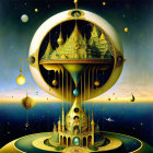 Intricate Golden Celestial Cities Among Stars