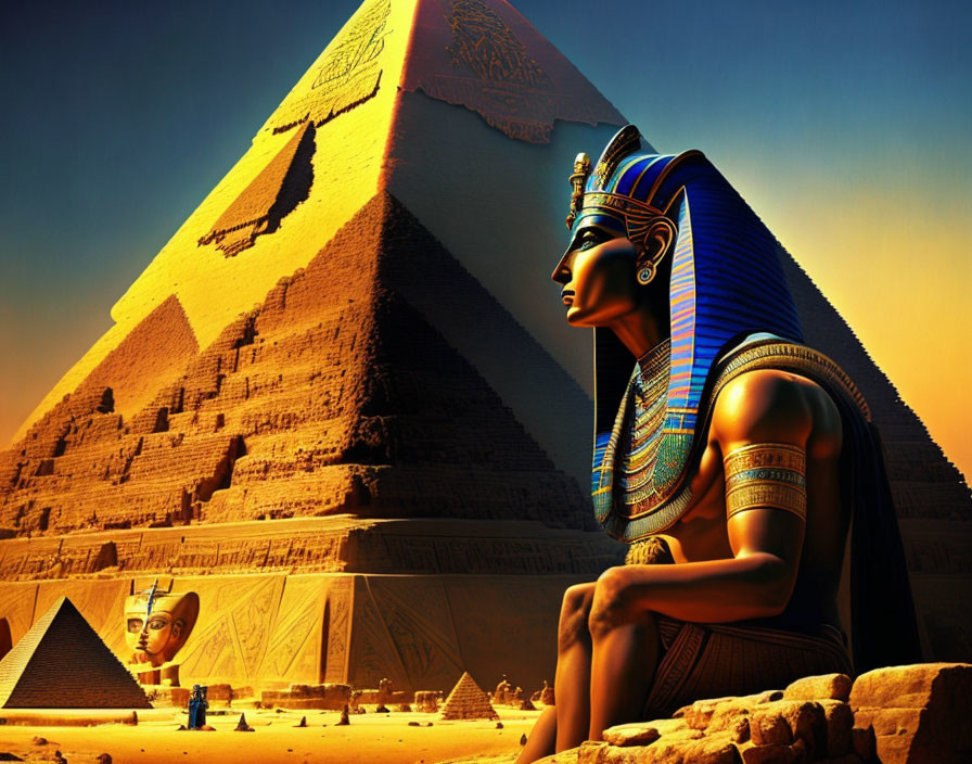 Digital artwork of ancient Egyptian scene with pharaoh statue and pyramids at sunset