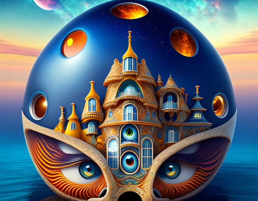 Surreal castle illustration on cosmic sphere with planets and stars