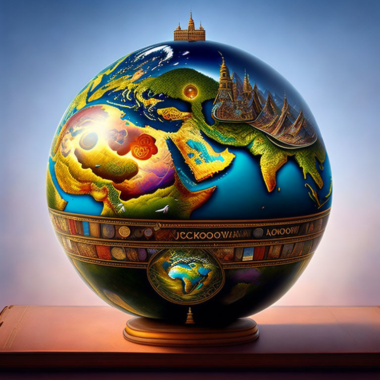 Detailed Artistic Globe on Wooden Base Against Gradient Background