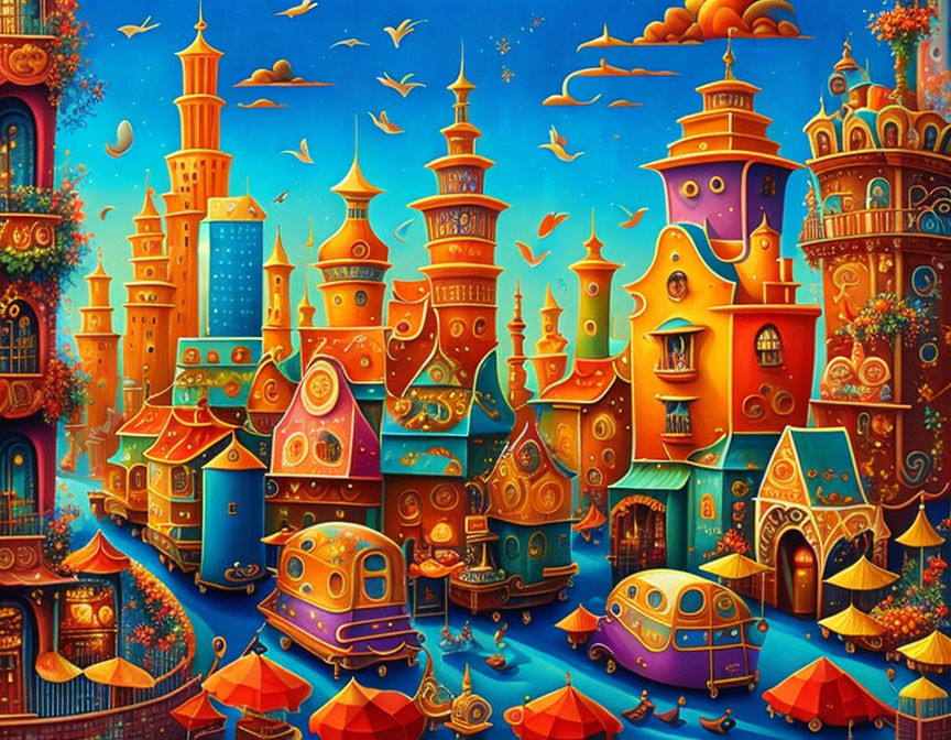 Colorful Cityscape with Whimsical Buildings and Hot Air Balloons