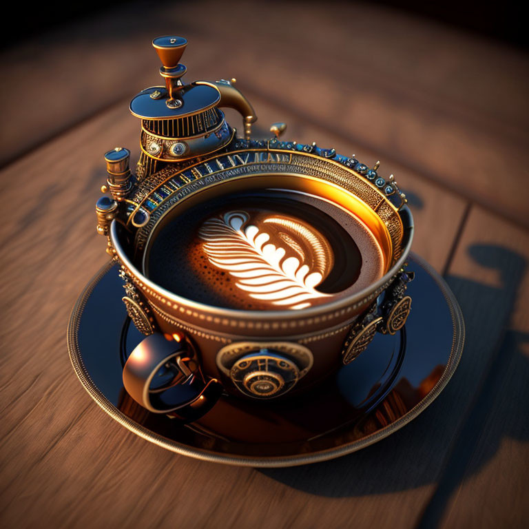 Steampunk-Inspired Coffee Cup with Gears and Latte Art on Wooden Surface