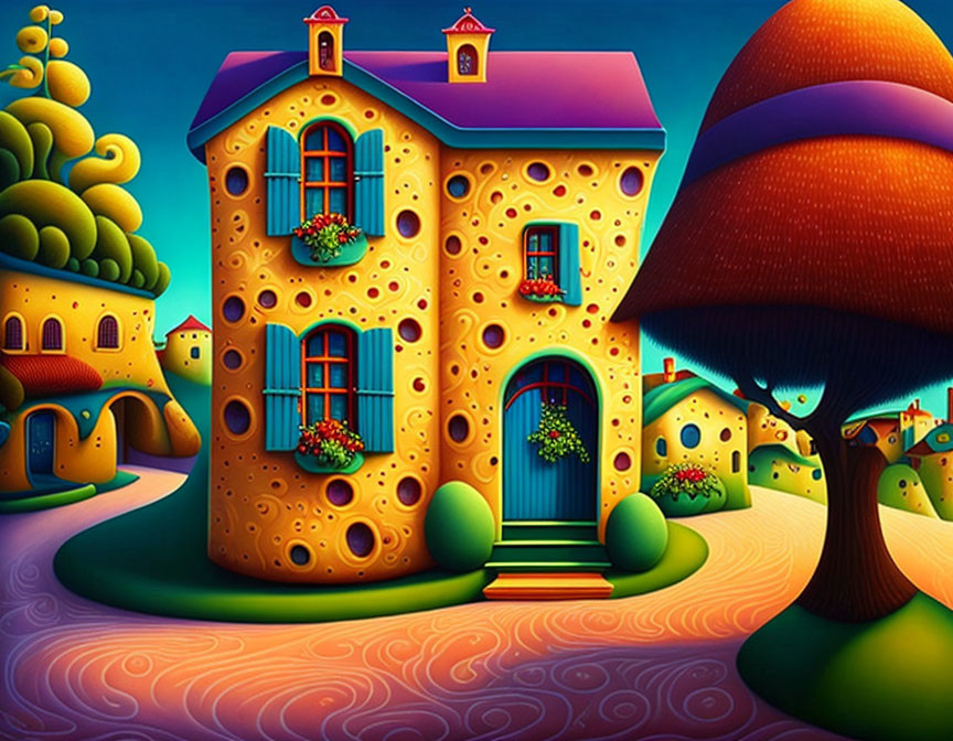 Whimsical illustration of colorful cheese-like house with red roof and flowers among trees at twilight