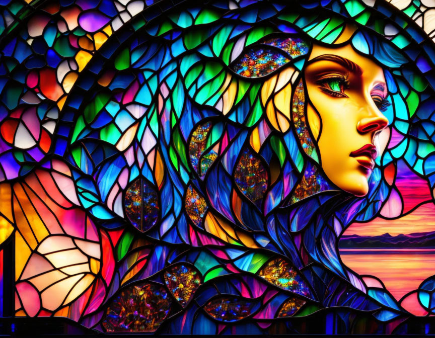 Colorful Stained Glass Artwork of Woman and Sunset