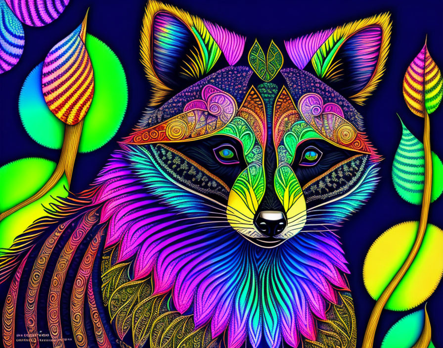 Colorful Psychedelic Raccoon Illustration on Dark Background