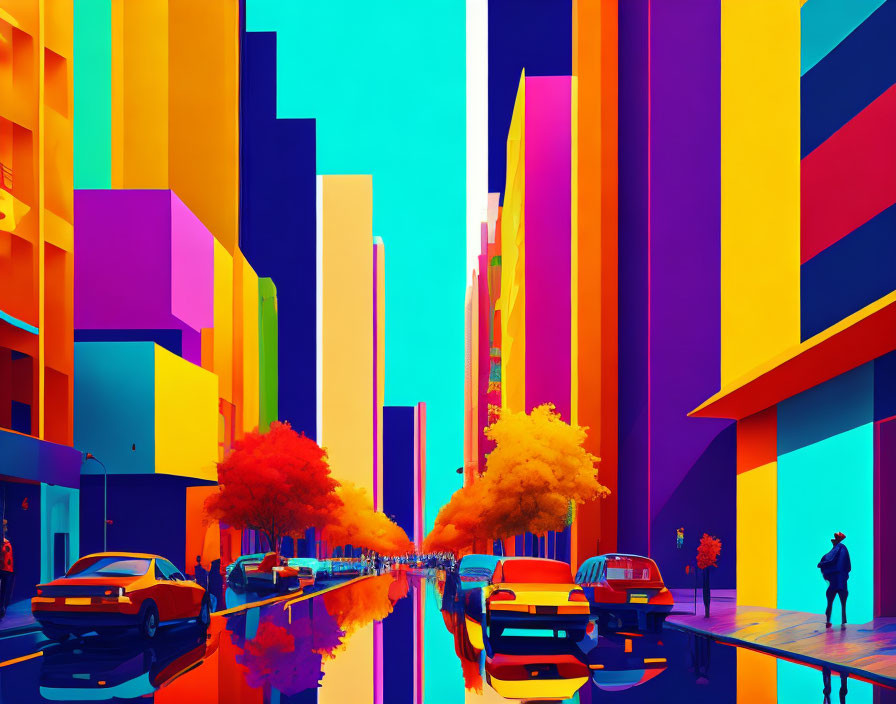 Colorful Cityscape with Reflective Water Canal and Silhouetted Figure