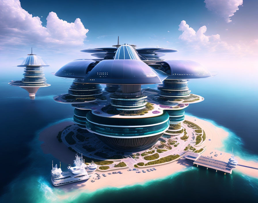 Futuristic island city with dome-shaped buildings and docking ports