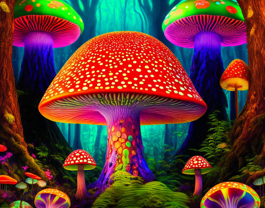 Vibrant oversized mushroom illustration in mystical forest scene