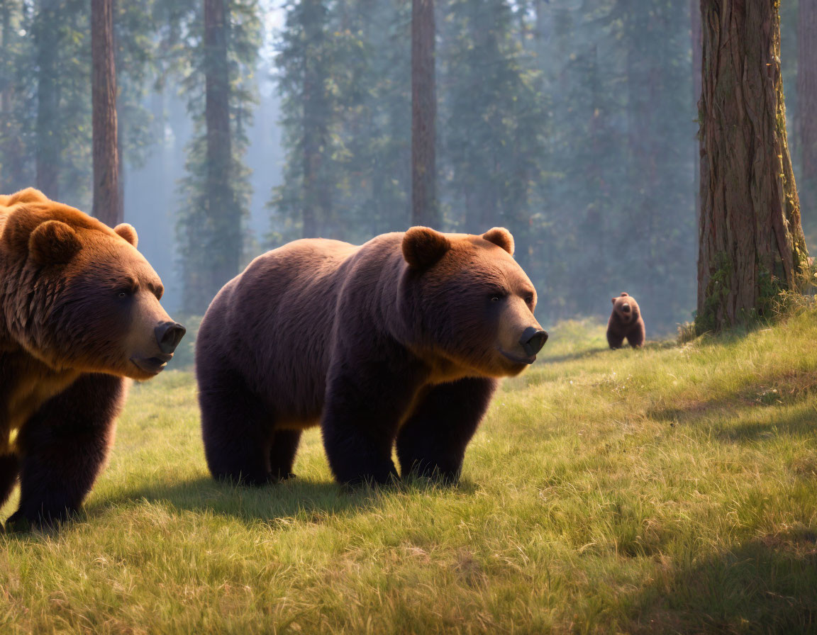 Three Bears in Sunlit Forest Clearing