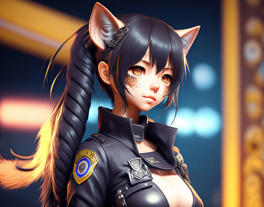 Anime-style digital artwork: Female character with cat ears in police uniform, cityscape backdrop at dusk