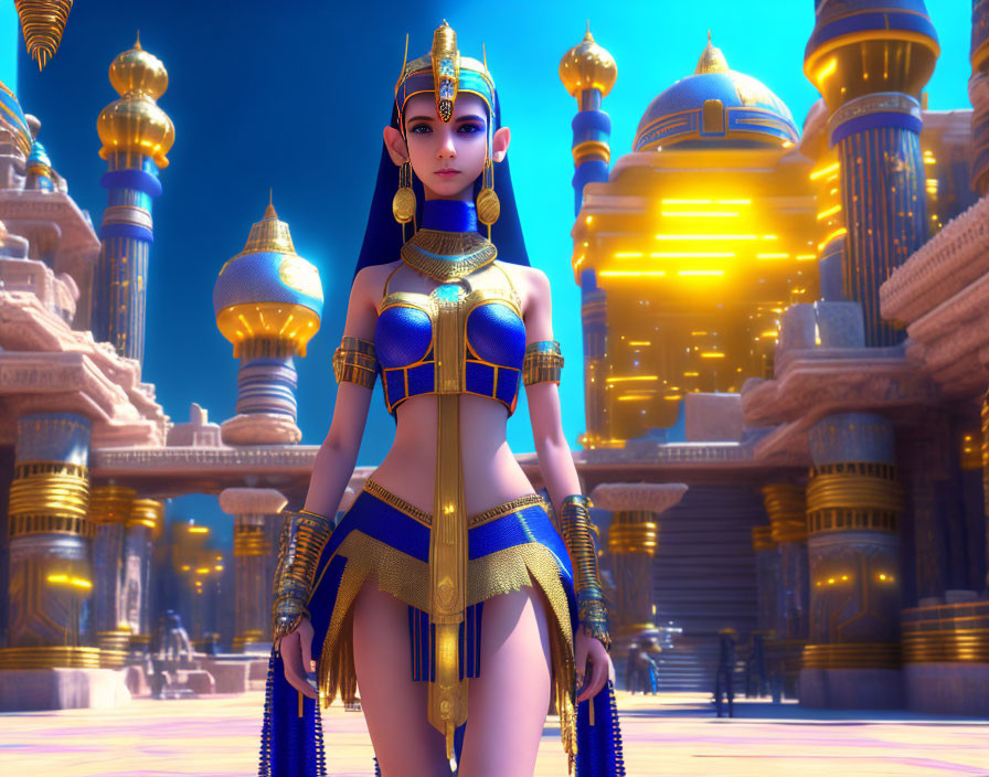 3D-rendered female character in Egyptian-style attire near fantastical palace