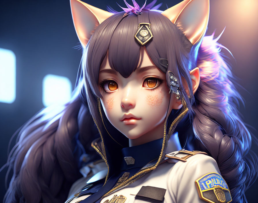 Futuristic digital art of female character with cat ears and police uniform