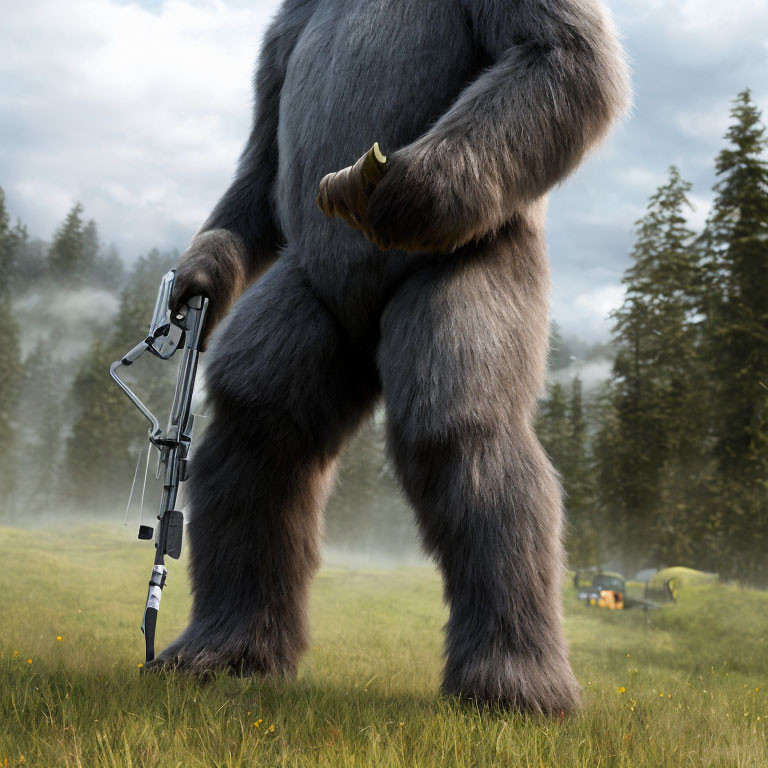 Misty forest scene: Bigfoot-like creature with prosthetic limb