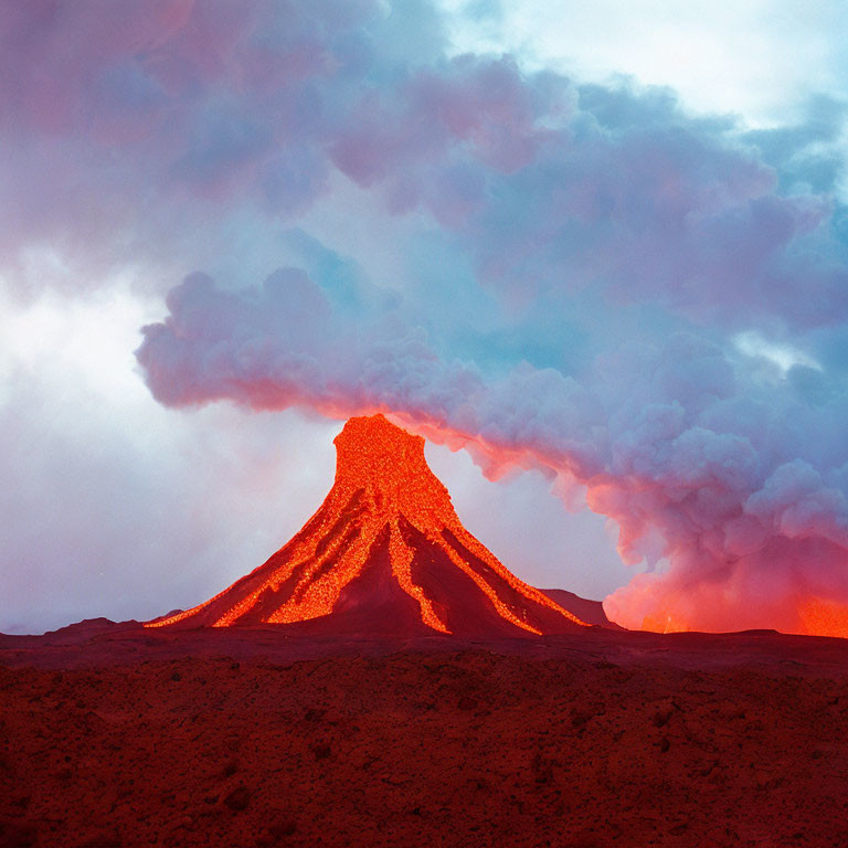 Dramatic volcano eruption with lava and smoke under red sky