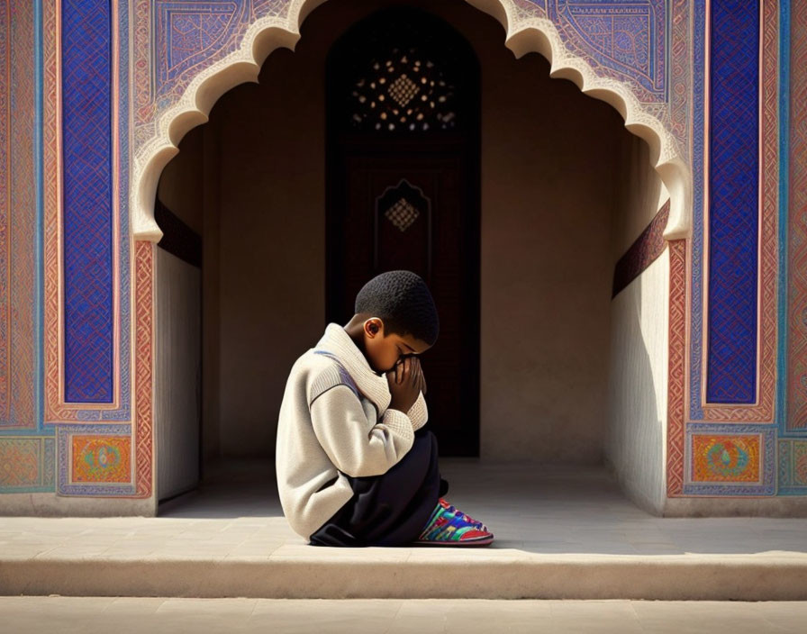 Person Contemplating at Ornate Building Entrance with Sunlight Filtered Through Lattice Window