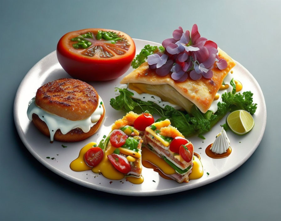 Plate with sandwich: seared patty, cheese, tomatoes, greens, flowers, lime.