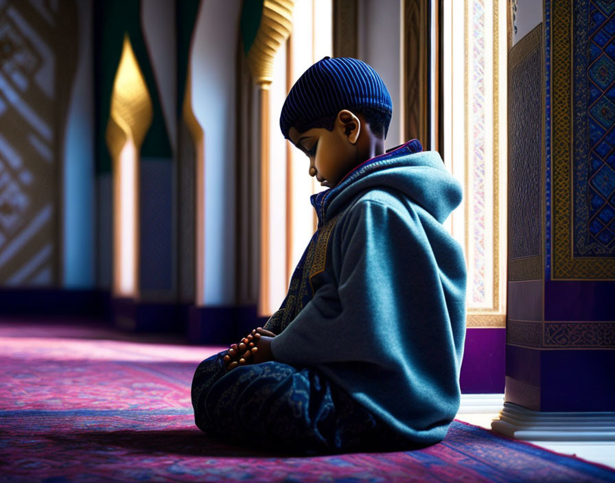 Boy in knitted cap and hoodie praying on patterned carpet with ornate pillars and sunlit windows