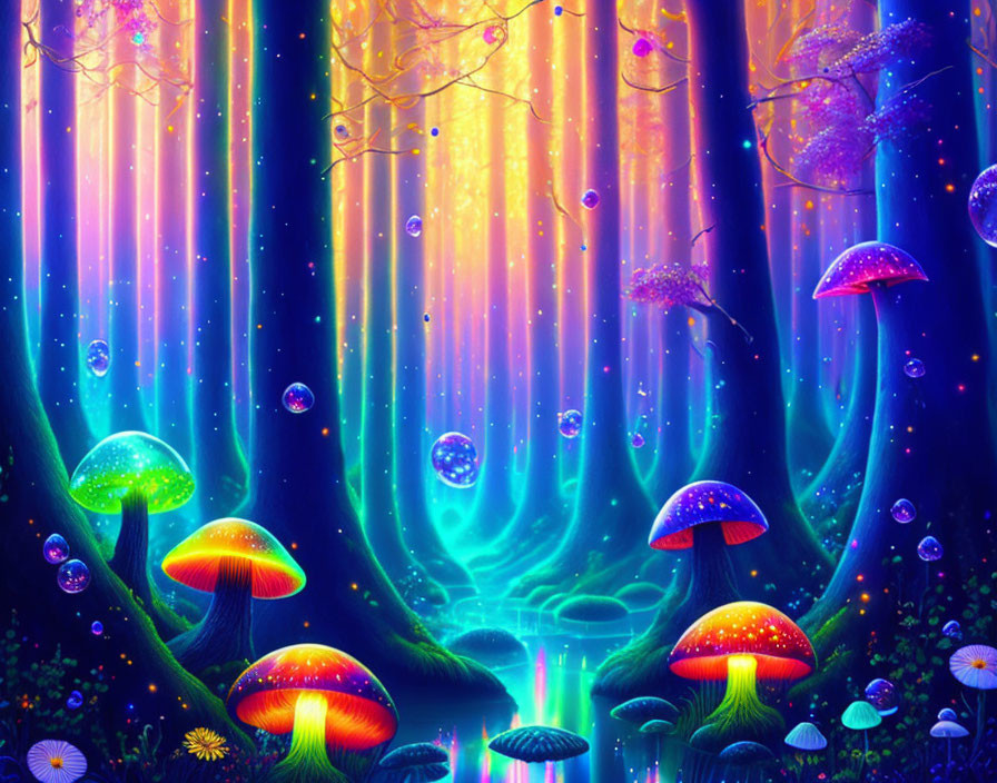 Colorful mushrooms and glowing forest in fantasy setting