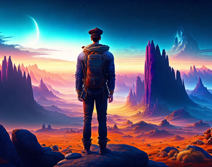 Person standing on rock gazes at surreal alien landscape with towering spires under starry sky and large