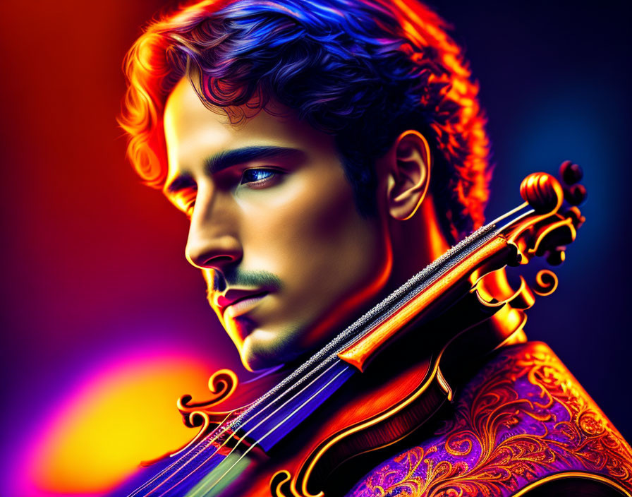 Colorful digital illustration of man with violin in neon-lit setting