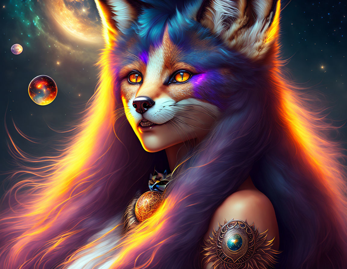 Mythical fox digital artwork with fiery fur and cosmic jewelry