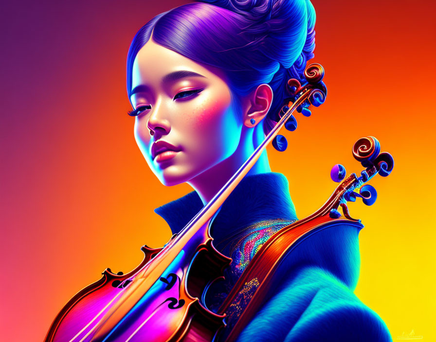 Vivid Digital Portrait of Woman with Violin on Gradient Background