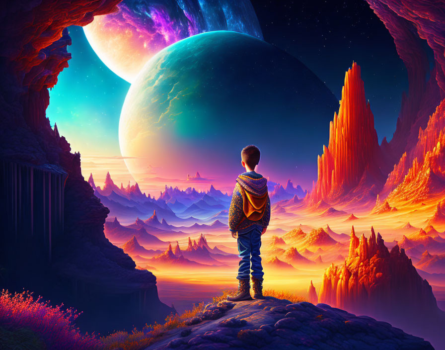 Boy on Cliff Overlooking Alien Landscape with Vibrant Rock Formations