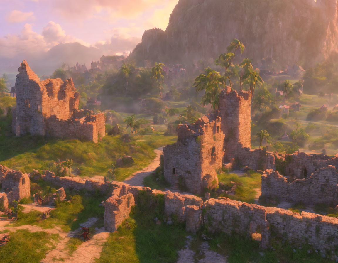 Ancient stone ruins in lush green landscape with misty sky